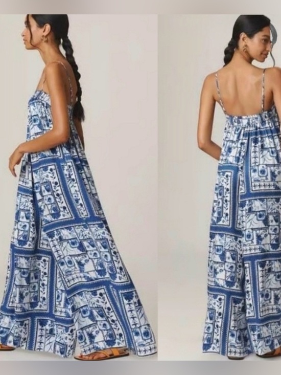Pants - Anthropologie Maeve wide leg fluid jumpsuit blue white floral pants medium new